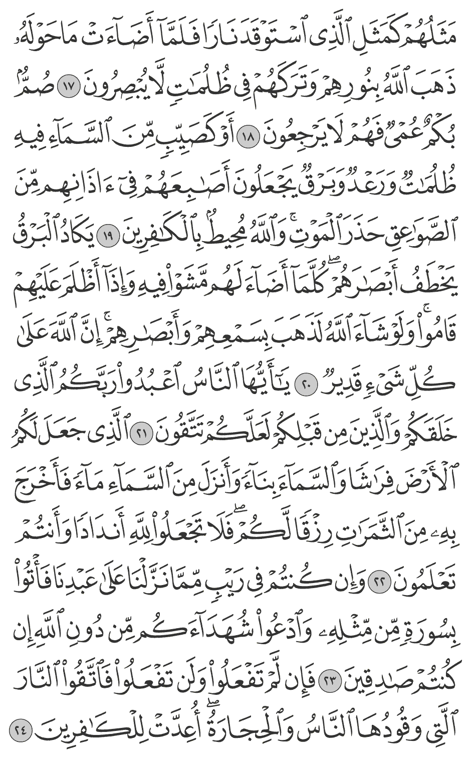 أو كصيب من السمآء فيه ظلمات ورعد وبرق يجعلون أصابعهم في آذانهم من الصواعق حذر الموت والله محيط بالكافرين 