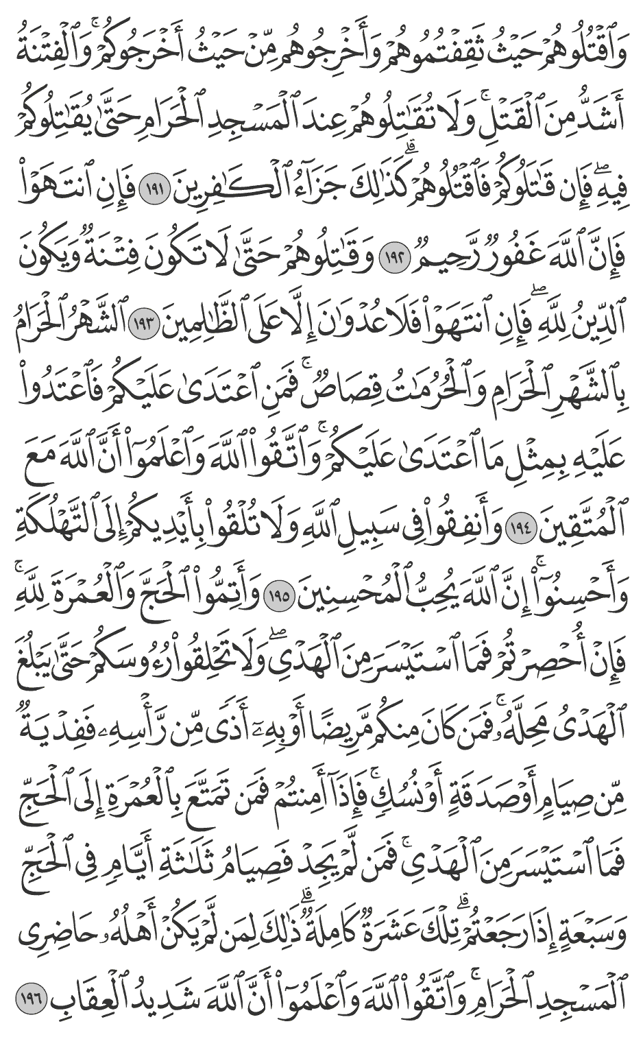 وأتموا الحج والعمرة لله فإن أحصرتم فما استيسر من الهدي ولا تحلقوا رؤوسكم حتى يبلغ الهدي محله فمن كان منكم مريضا أو به أذى من رأسه ففدية من صيام أو صدقة أو نسك فإذآ أمنتم فمن تمتع بالعمرة إلى الحج فما استيسر من الهدي فمن لم يجد فصيام ثلاثة أيام في الحج وسبعة إذا رجعتم تلك عشرة كاملة ذلك لمن لم يكن أهله حاضري المسجد الحرام واتقوا الله واعلموا أن الله شديد العقاب 