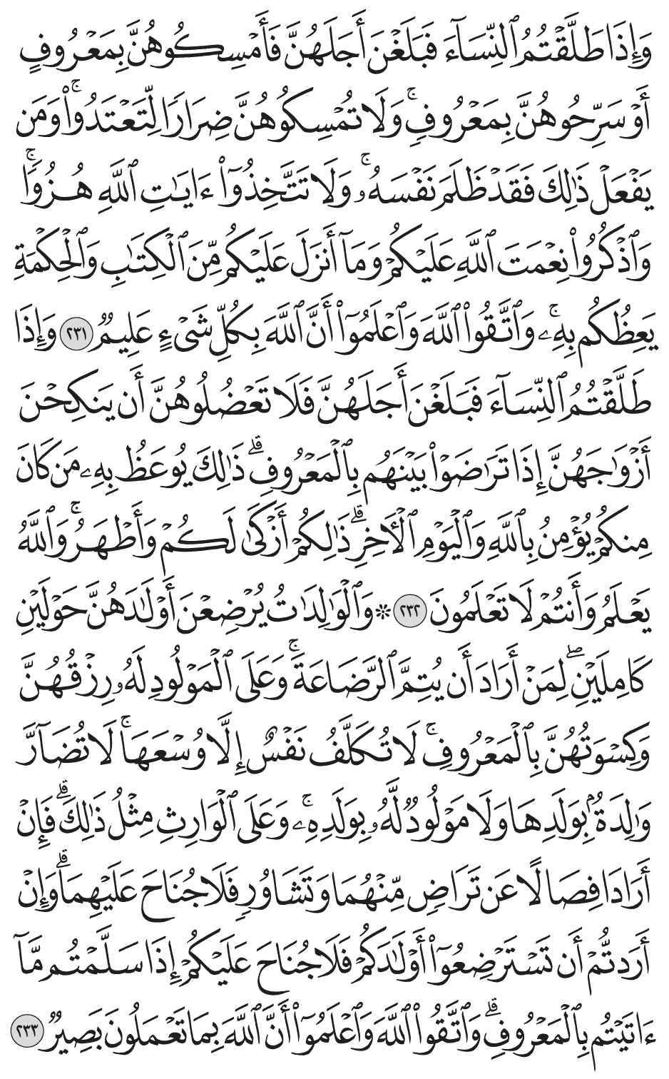 والوالدات يرضعن أولادهن حولين كاملين لمن أراد أن يتم الرضاعة وعلى المولود له رزقهن وكسوتهن بالمعروف لا تكلف نفس إلا وسعها لا تضآر والدة بولدها ولا مولود له بولده وعلى الوارث مثل ذلك فإن أرادا فصالا عن تراض منهما وتشاور فلا جناح عليهما وإن أردتم أن تسترضعوا أولادكم فلا جناح عليكم إذا سلمتم مآ آتيتم بالمعروف واتقوا الله واعلموا أن الله بما تعملون بصير 