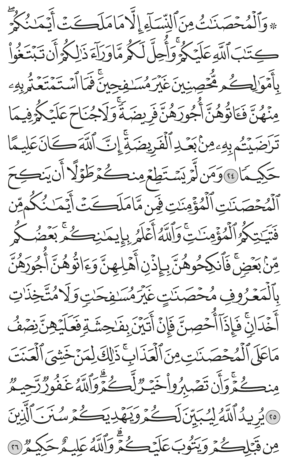 ومن لم يستطع منكم طولا أن ينكح المحصنات المؤمنات فمن ما ملكت أيمانكم من فتياتكم المؤمنات والله أعلم بإيمانكم بعضكم من بعض فانكحوهن بإذن أهلهن وآتوهن أجورهن بالمعروف محصنات غير مسافحات ولا متخذات أخدان فإذآ أحصن فإن أتين بفاحشة فعليهن نصف ما على المحصنات من العذاب ذلك لمن خشي العنت منكم وأن تصبروا خير لكم والله غفور رحيم 