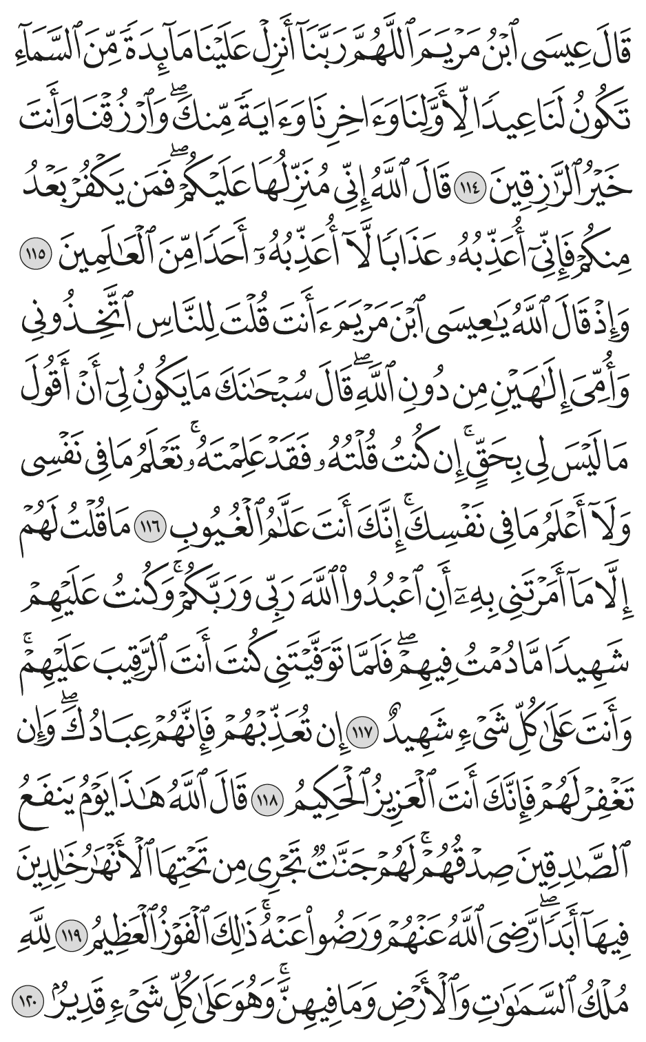 وإذ قال الله يعيسى ابن مريم أأنت قلت للناس اتخذوني وأمي إلـهين من دون الله قال سبحانك ما يكون لي أن أقول ما ليس لي بحق إن كنت قلته فقد علمته تعلم ما في نفسي ولا أعلم ما في نفسك إنك أنت علام الغيوب 