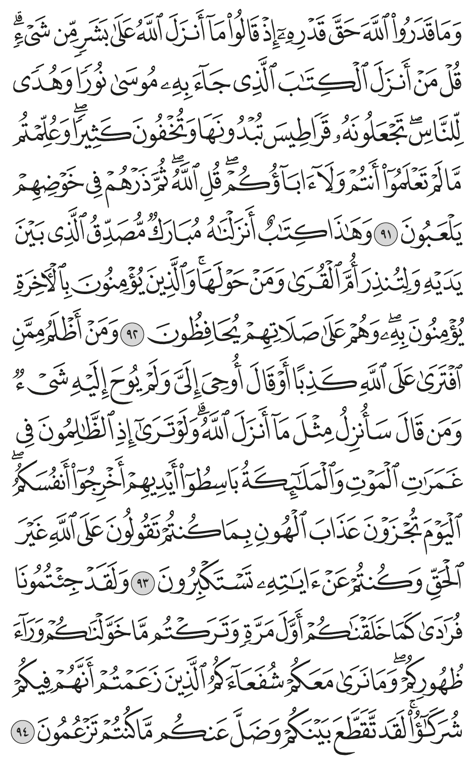 وما قدروا الله حق قدره إذ قالوا مآ أنزل الله على بشر من شيء قل من أنزل الكتاب الذي جآء به موسى نورا وهدى للناس تجعلونه قراطيس تبدونها وتخفون كثيرا وعلمتم ما لم تعلموا أنتم ولا آباؤكم قل الله ثم ذرهم في خوضهم يلعبون 