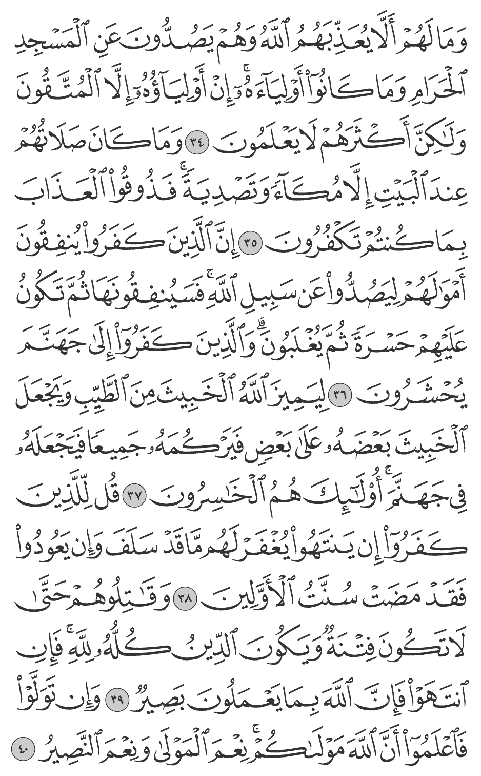 وما لهم ألا يعذبهم الله وهم يصدون عن المسجد الحرام وما كانوا أوليآءه إن أوليآؤه إلا المتقون ولـكن أكثرهم لا يعلمون 