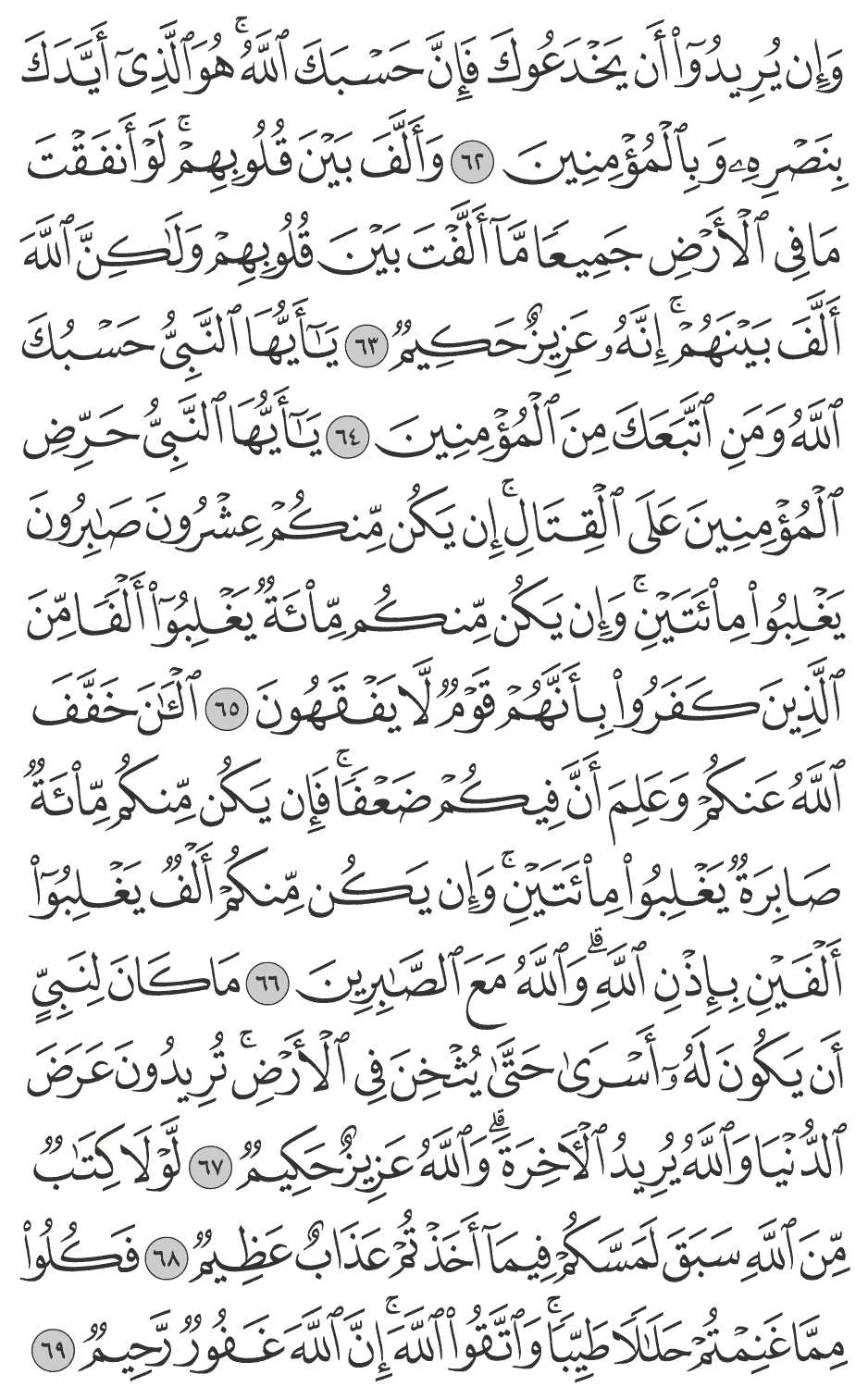 الآن خفف الله عنكم وعلم أن فيكم ضعفا فإن يكن منكم مئة صابرة يغلبوا مئتين وإن يكن منكم ألف يغلبوا ألفين بإذن الله والله مع الصابرين 