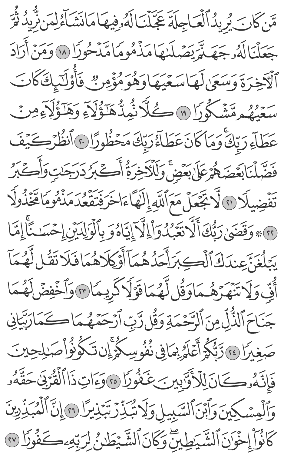 وقضى ربك ألا تعبدوا إلا إياه وبالوالدين إحسانا إما يبلغن عندك الكبر أحدهما أو كلاهما فلا تقل لهمآ أف ولا تنهرهما وقل لهما قولا كريما 