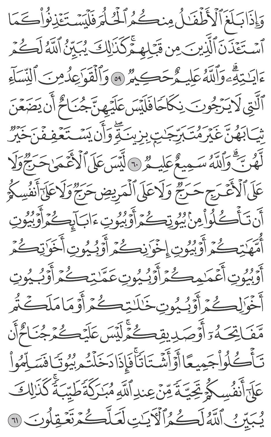 ليس على الأعمى حرج ولا على الأعرج حرج ولا على المريض حرج ولا على أنفسكم أن تأكلوا من بيوتكم أو بيوت آبآئكم أو بيوت أمهاتكم أو بيوت إخوانكم أو بيوت أخواتكم أو بيوت أعمامكم أو بيوت عماتكم أو بيوت أخوالكم أو بيوت خالاتكم أو ما ملكتم مفاتحه أو صديقكم ليس عليكم جناح أن تأكلوا جميعا أو أشتاتا فإذا دخلتم بيوتا فسلموا على أنفسكم تحية من عند الله مباركة طيبة كذلك يبين الله لكم الآيات لعلكم تعقلون 