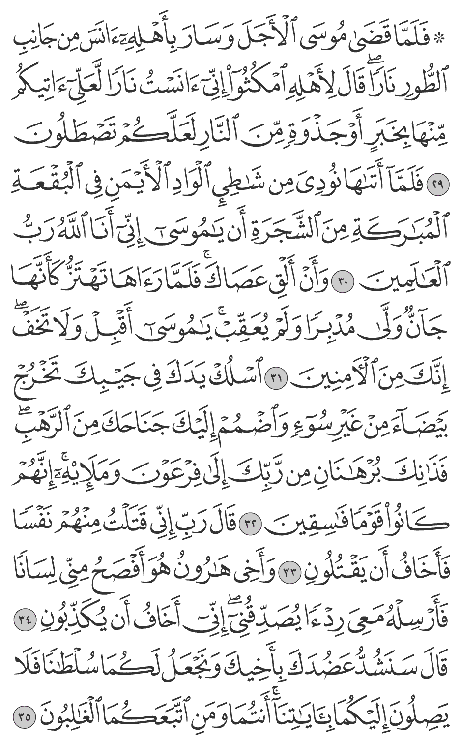 اسلك يدك في جيبك تخرج بيضآء من غير سوء واضمم إليك جناحك من الرهب فذانك برهانان من ربك إلى فرعون وملئه إنهم كانوا قوما فاسقين 