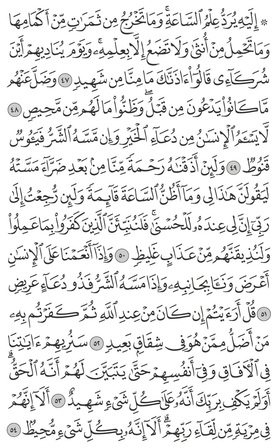 إليه يرد علم الساعة وما تخرج من ثمرات من أكمامها وما تحمل من أنثى ولا تضع إلا بعلمه ويوم يناديهم أين شركآئي قالوا آذناك ما منا من شهيد 