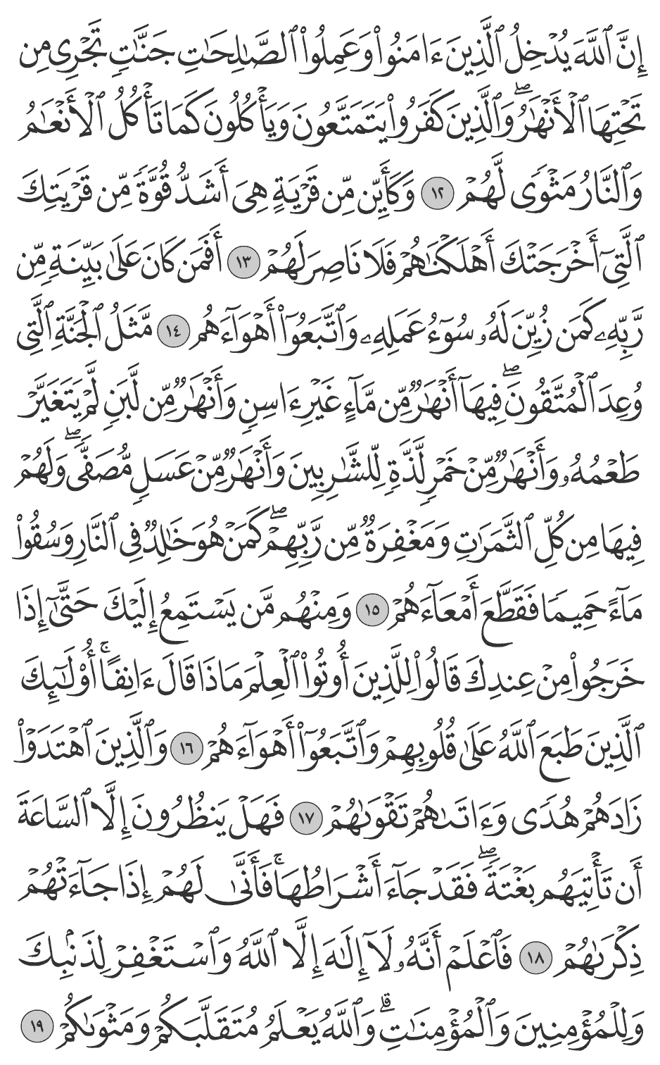 إن الله يدخل الذين آمنوا وعملوا الصالحات جنات تجري من تحتها الأنهار والذين كفروا يتمتعون ويأكلون كما تأكل الأنعام والنار مثوى لهم 