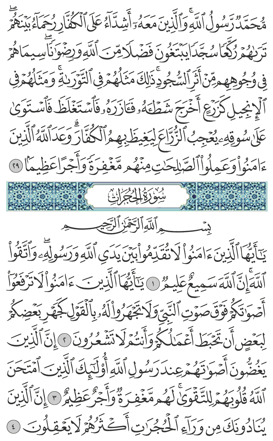 محمد رسول الله والذين معه أشدآء على الكفار رحمآء بينهم تراهم ركعا سجدا يبتغون فضلا من الله ورضوانا سيماهم في وجوههم من أثر السجود ذلك مثلهم في التوراة ومثلهم في الإنجيل كزرع أخرج شطأه فآزره فاستغلظ فاستوى على سوقه يعجب الزراع ليغيظ بهم الكفار وعد الله الذين آمنوا وعملوا الصالحات منهم مغفرة وأجرا عظيما 