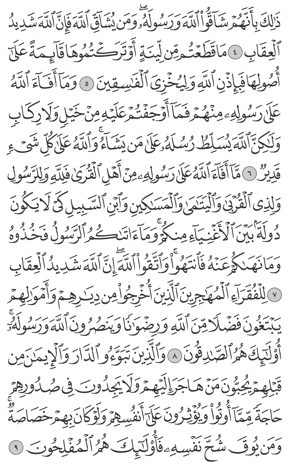 مآ أفآء الله على رسوله من أهل القرى فلله وللرسول ولذي القربى واليتامى والمساكين وابن السبيل كي لا يكون دولة بين الأغنيآء منكم ومآ آتاكم الرسول فخذوه وما نهاكم عنه فانتهوا واتقوا الله إن الله شديد العقاب 