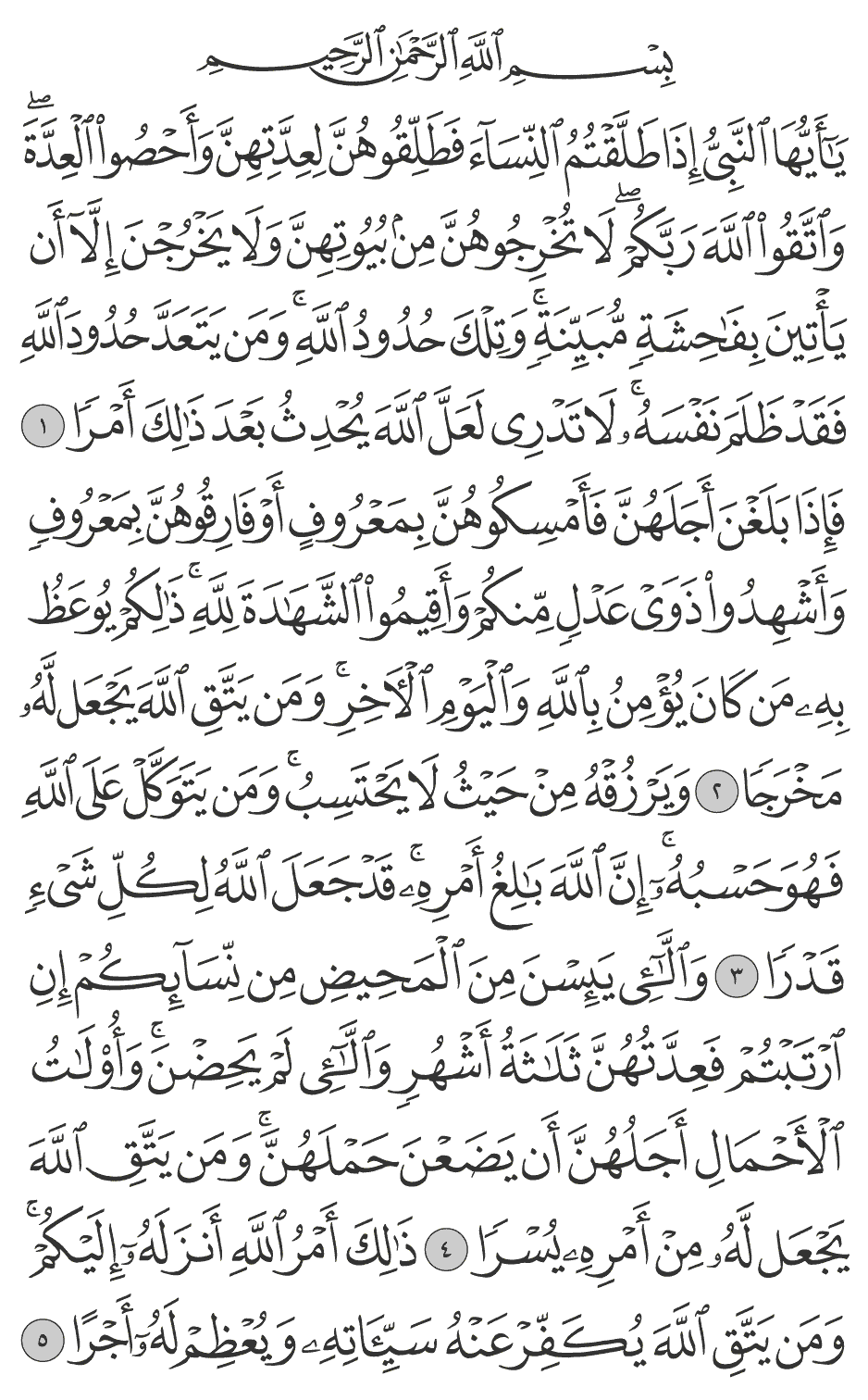 يأيها النبي إذا طلقتم النسآء فطلقوهن لعدتهن وأحصوا العدة واتقوا الله ربكم لا تخرجوهن من بيوتهن ولا يخرجن إلا أن يأتين بفاحشة مبينة وتلك حدود الله ومن يتعد حدود الله فقد ظلم نفسه لا تدرى لعل الله يحدث بعد ذلك أمرا 